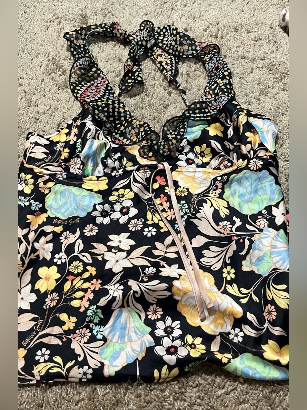 ♥️Victoria's Secret Black Floral Halter Cami with Ruffle Tie